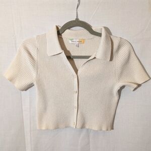 Cream Ribbed Knit Collared Crop Top, Size Small